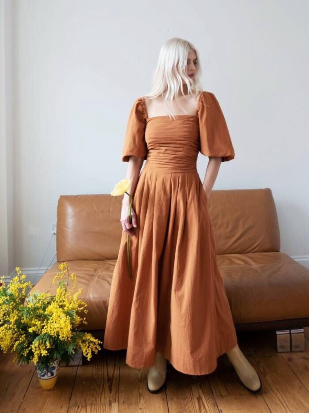 Free People Cottagecore Puff Sleeve Midi Dress Rust Brown Medium